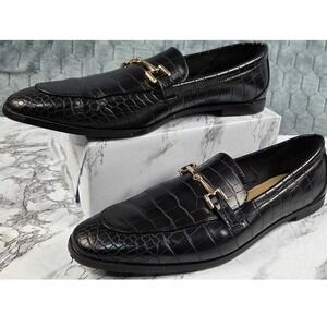 HM Womens Black Croc Embossed Horsebit Loafers Almond Toe Slip On Shoes Size 40